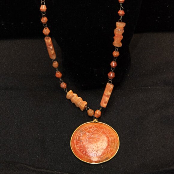 Vintage Mayan inspired 24" Orange Onyx Medallion and Bead Chain - Picture 2 of 3